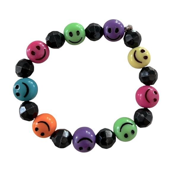 Colorful Rainbow & Black Smiley Happy Face Beaded Bracelet - Picture 1 of 5